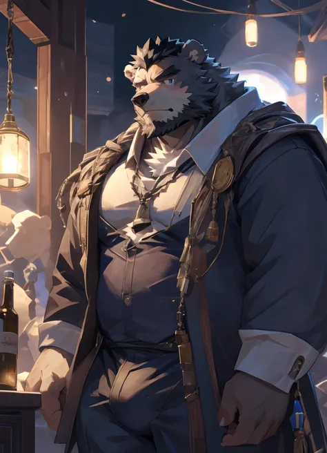  (super detailed), sharp focus, Eye, 棕色Eye, hairy, black and white fur, black beard, black hair，human nature (Brown Bear), male, Middle-aged and elderly, brown body, white belly, muscular ,(crotch bulge),super detailed的脸, 1 boy,(Disheveled 1.4),(best quali...