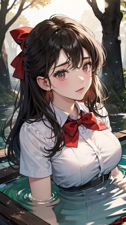 (in the dark:1.6) , school girl Soak in water , red knot , red bow , white Shirt , big tits , Big breasts , skirt dark red , plaid skirt , pleated skirt