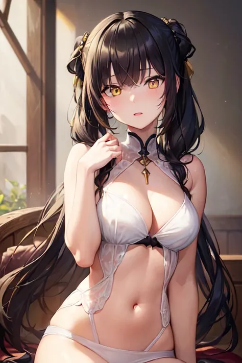 (Masterpiece, 8k, Best Quality, Highly detailed, depth of field:1.4), 1girl, (yellow eyes:1.5), heterochromia, (red eyes:1.2), rating: sensitive, , black hair, twintails, hair over right eye