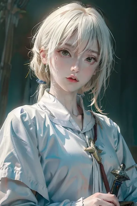 (Low Saturation:1.5),anime,1girl,pov,masterpiece,Awards, high quality,High resolution,HD,4K,8K,high qupov,low angle,flom below,portrait,closeup upperbody,white clothes,Independently deformed breasts,shruged,viscous paint,oily skin,pale color tone,(grayscal...