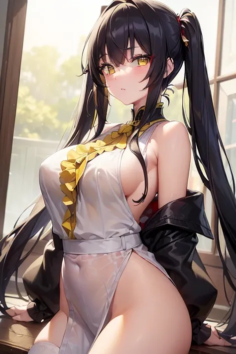 (Masterpiece, 8k, Best Quality, Highly detailed, depth of field:1.4), 1girl, (yellow eyes:1.5), heterochromia, (red eyes:1.2), rating: sensitive, , black hair, twintails, hair over right eye