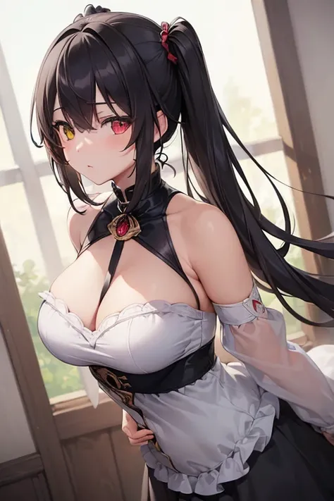 (Masterpiece, 8k, Best Quality, Highly detailed, depth of field:1.4), 1girl, yellow eyes, heterochromia, red eyes, rating: sensitive, , black hair, twintails, hair over right eye