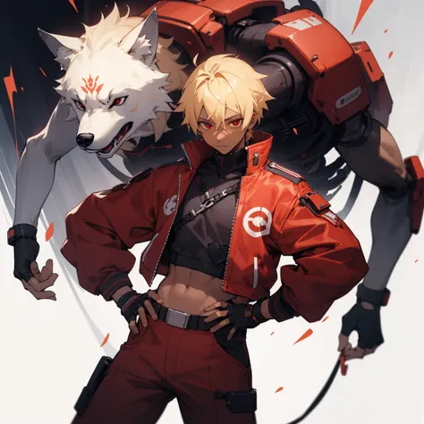 ((highest quality)), ((masterpiece)), (become familiar with),  1 male, alone, blonde,brown skin,red eyes,long pants,Red jacket,Large size,wolf cut,Fingerless Gloves, put your hands on your hips,cyber punk,SF