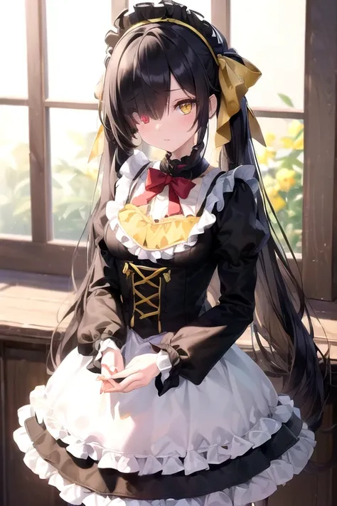 (Masterpiece, 8k, Best Quality, Highly detailed, depth of field:1.4), 1girl, tokisaki kurumi, black hair, twintails, (hair over one eye:1.5), (red eyes:1.2), (yellow eyes:1.5), heterochromia, (small breast:1.2), lolita hairband, dress, bow, ribbon, lolita ...