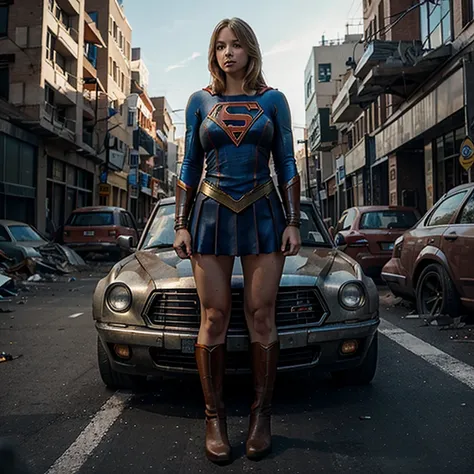 A gigantic Supergirl in an Apocalyptic city crushing cars with her feet like they were insects