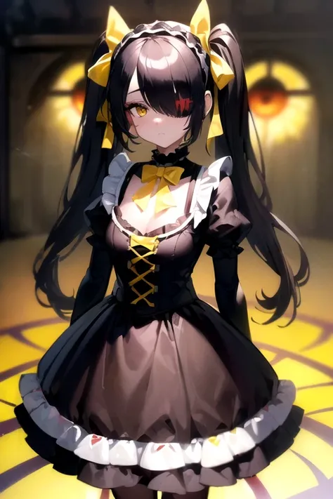 (Masterpiece, 8k, Best Quality, Highly detailed, depth of field:1.4), 1girl, tokisaki kurumi, black hair, twintails, (hair over one eye:1.5), (red eyes:1.2), (yellow eyes:1.5), heterochromia, (small breast:1.2), lolita hairband, dress, bow, ribbon, lolita ...