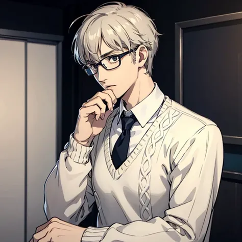 ((Human Male Young ager)) , white Messy hair , wearing  Glasses ,Tie , ((wearing sweater)) Tired eyes ,((solo )),Police officer , 