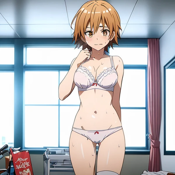 Female Breast、（1 female、In white underwear that digs into her butt、cute bra、negligee）、standing with one&#39;s inner thighs、long socks、blushed、shameずかしい、cute、short hair、Full body Esbian、light brown hair、(masterpiece、highest quality）、 shiny skin、(1 girl: nos...