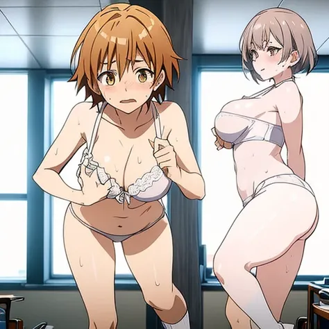 Female Breast、（1 female、In white underwear that digs into her butt、cute bra、negligee）、standing with one&#39;s inner thighs、long socks、blushed、shameずかしい、cute、short hair、Full body Esbian、light brown hair、(masterpiece、highest quality）、 shiny skin、(1 girl: nos...