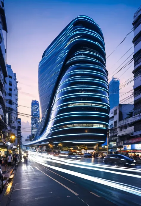 view of a futuristic building with a curved roof, zaha hadid style architecture, zaha hadid architecture, in style of zaha hadid architect, inspired by Zaha Hadid, by Zaha Hadid, architecture zaha hadid, portal, a few cars are driving down a busy city stre...