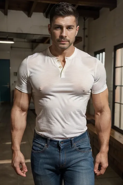 Arafed 47 year old muscular man., un chico increiblemente guapo y robusto, pose de cuerpo completo, de pie, (((manos en los bolsillos))), (((Camisa blanca tipo oxford))), adaptar, ropa interior blanca, sin zapatos, (en la cara: 1.3), facial, cara detallada...