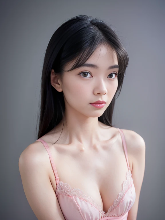 Gentle and beautiful asian woman, half body photo, delicate and sexy collarbone, attractive face, double eyelids, smart peach blossom eyes, pink lips, small nose, (small breasts:1.1), bare shoulders, focused face, face up, ultra high definition, super deta...