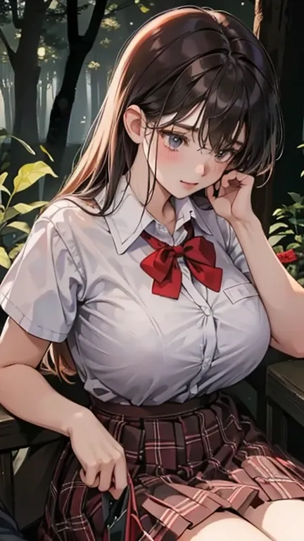 school girl in an forest , (in the dark:1.6) , school girl Soak in water , red knot , red bow , white Shirt , big tits , Big breasts , skirt dark red , plaid skirt , pleated skirt