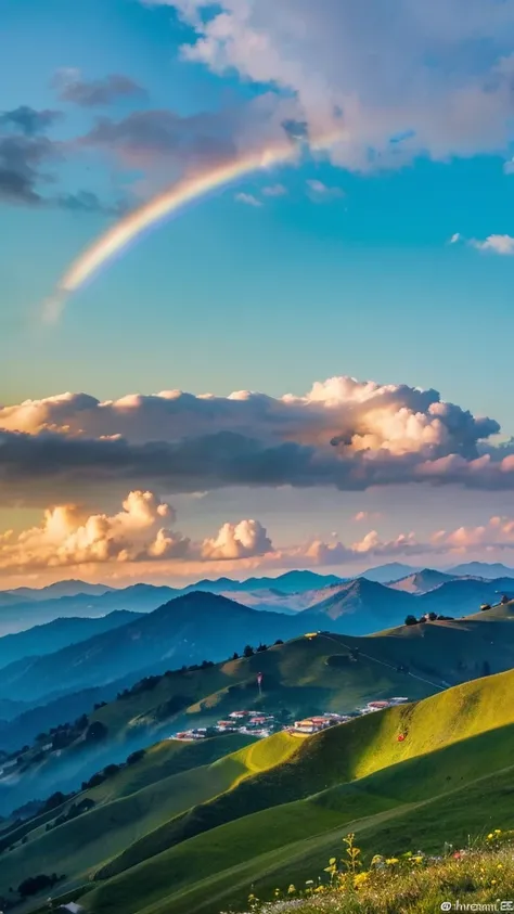 You&#39;re standing on top of a majestic mountain. Before you stretches a vast green lawn, dotted with colorful flowers that gently dance in the breeze. A rainbow stretches across the sky, suas cores vibrantes contrastando com as nuvens macias que flutuam ...