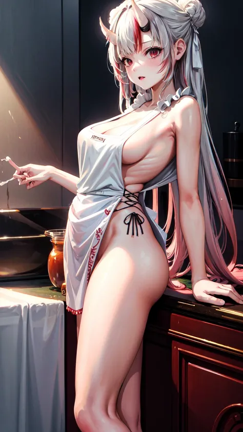 (masterpiece:1.3),(highly detailed:1.3),(highres:1.1),best quality,Ultra-detail,1girl,solo,kitchen,jelofolkwang,naked apron,((white apron)),ass,sideboob, unclear clothes , white pantie, ((perfect body)), salon,NSFW