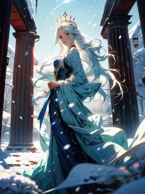 Anime girl with long white hair and blue skirt in the snow, White-haired God, White hair floating in the air, Anime Fantasy Illustration, flowing white hair, beautiful youth spirit, Beautiful fantasy anime, Glowing flowing hair, Ethereal Anime, Beautiful a...