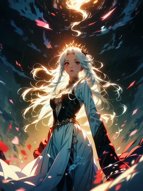 Anime girl with long white hair and blue skirt in the snow, White-haired God, White hair floating in the air, Anime Fantasy Illustration, flowing white hair, beautiful youth spirit, Beautiful fantasy anime, Glowing flowing hair, Ethereal Anime, Beautiful a...