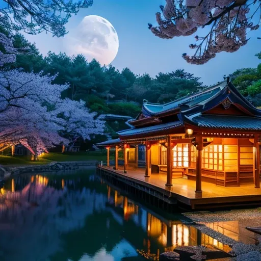 ((Safe at Work)), (Raw photo:1.0), High resolution, 8k, perfect dynamic composition, scenery, cherry blossoms, night sky, moon, starry sky, Shrine precincts, 