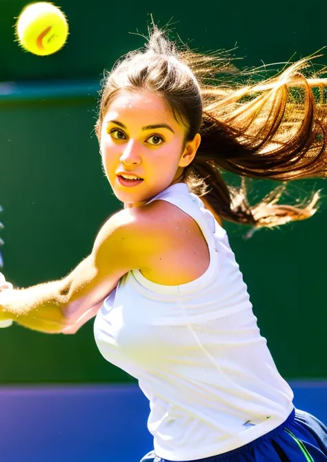 (best quality,4k,8k,highres,masterpiece:1.2),ultra-detailed,realistic,professional,sharp focus,physically-based rendering,vivid colors,bokeh,portraits,tennis,athletic girl,beautiful detailed eyes,beautiful detailed lips,long eyelashes,short skirt,white top...