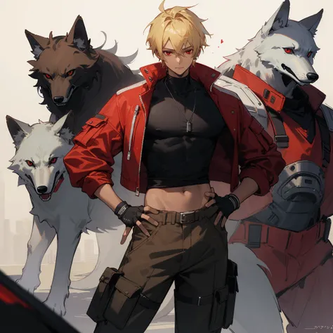 ((highest quality)), ((masterpiece)), (be familiar with), 1 male, alone, blonde,brown skin,red eyes,cargo pants,Red jacket,black shirt,Large size,Hairstyle is wolf cut,Fingerless Gloves, put your hands on your hips,cyber punk,SF