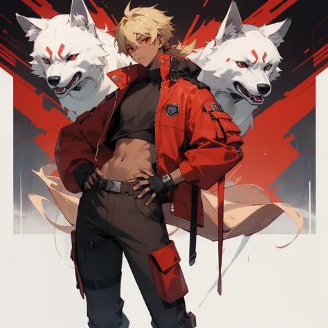 ((highest quality)), ((masterpiece)), (be familiar with), 1 male, alone, blonde,brown skin,red eyes,cargo pants,Red jacket,black shirt,Large size,Hairstyle is wolf cut,Fingerless Gloves, put your hands on your hips,cyber punk,SF