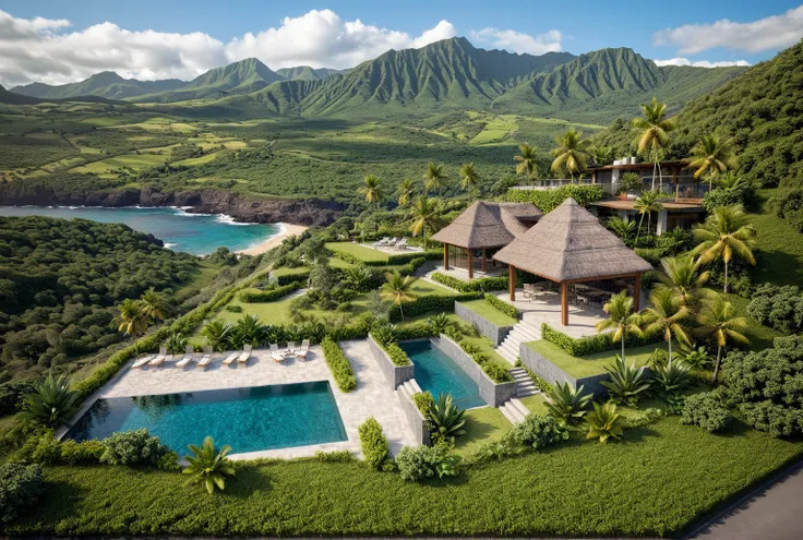 jzcgxl001, aerial view, a bungalow, island resort close to the beach, hawaii, (complete landscape layout),straw roof, surrounded...