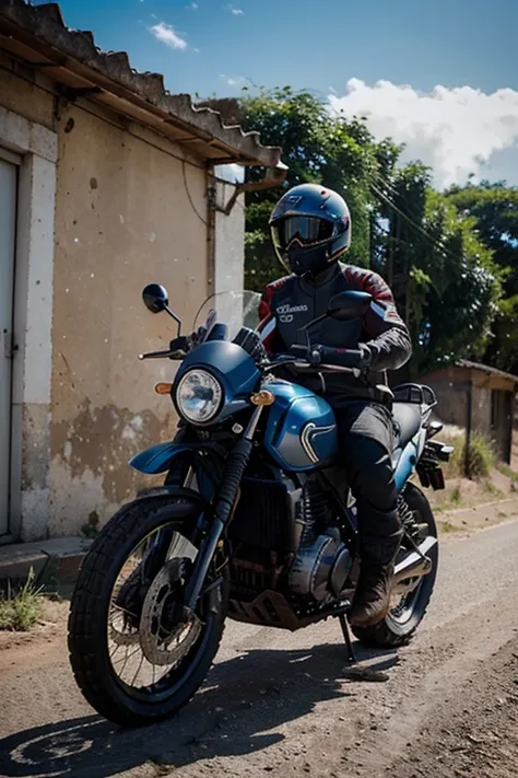 Imagem realista, um motoqueiro usando um colete refletivo vermelho em cima de uma moto da marca CG Titan, na mesma moto um passageiro homem juntamente com ele com uma roupa comum, ao fundo casas simples mas bonitas, a perspectiva da imagem do motoqueiro co...