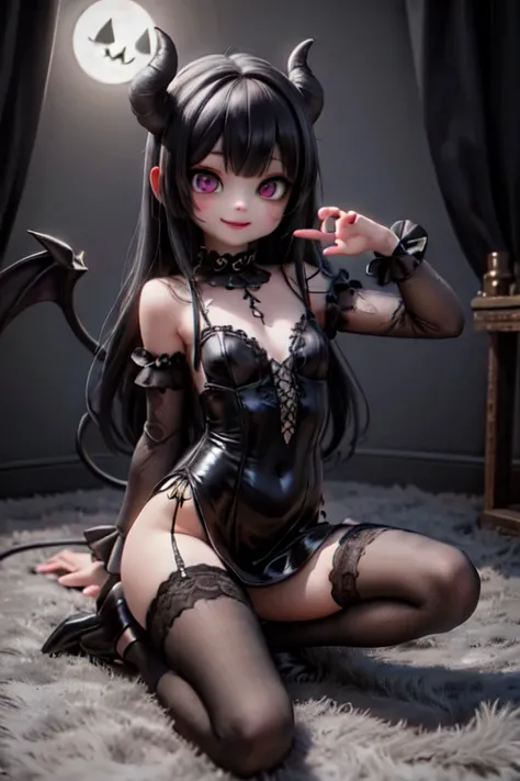 a cute demon girl smiling putting on her pumps, lace cloth gothic dress, at night, creepy, horror style