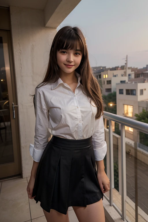 masterpiece, 1girl, 16 year old, beautiful bangs, full body image, wearing a skirt and a shirt, in the on the balcony, night, photo from phone, casual photo, beautiful eyes, beautiful facial structure, realistic, smiling, cute, Asian, 