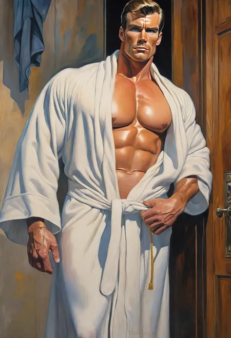 painting of a man in a robe standing in a doorway, clad in robes, in robes, dressed in a robe, strong and imposing, male art, fully clothed. painting of sexy, muscular male, tall and muscular, covered in robes, super buff and cool, shirtless :: high detail...