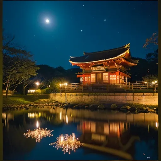 ((Safe at Work)), cherry blossoms, night sky, moon, starry sky, Shrine precincts, perfect dynamic composition, professional photos, (Nikon, ISO:50, focal distance:35mm, Aperture:5.6, shutter speed:1/125, Multi-metering pattern), Ultra high definition, High...