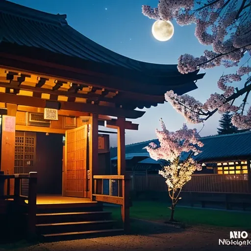 ((Safe at Work)), cherry blossoms, night sky, moon, starry sky, Shrine precincts, perfect dynamic composition, professional photos, (Nikon, ISO:50, focal distance:35mm, Aperture:5.6, shutter speed:1/125, Multi-metering pattern), Ultra high definition, High...