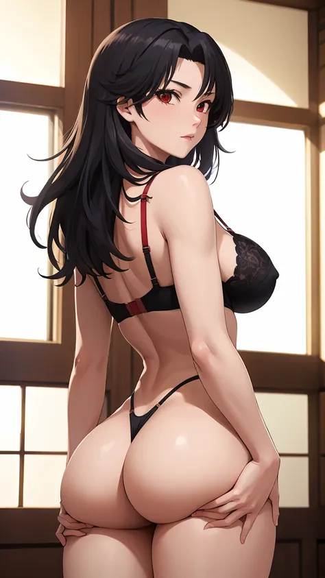 masterpiece, ultra high-quality, extremely detail 8k cg, high resolution, 1girl, kurenai yuhi, black hair, red eyes, thin body, huge breasts, sideboob, big ass, ass support, bra, highleg panties, beautiful face, indoors, from behind, cowboy shot