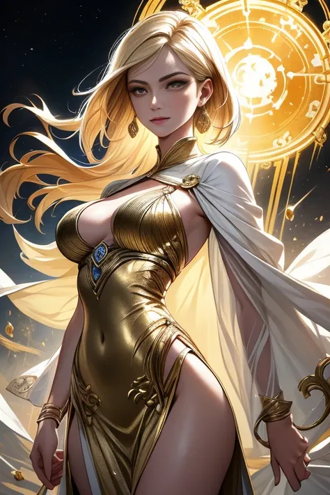 diosa doncella, Gorgeous, vestido dorado, resplandor, fondo del templo,Kara Pol Tom Bagshaw art station,, diosa de la luna, figura de cuerpo completo, riendo, cara detallada, (: 1.4), (vestido dorado: 1.3), golden decoration, fondo del templo,A close look ...