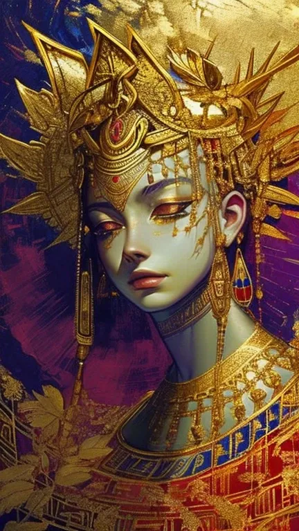 beautiful,gold leaf art, egyptian mythology, RA - God of Sun, impeccable brushwork,rich and vibrant colors,golden accents in the background,delicate and intricate patterns,captivating and mesmerizing composition,exquisite attention to detail,stunning and b...