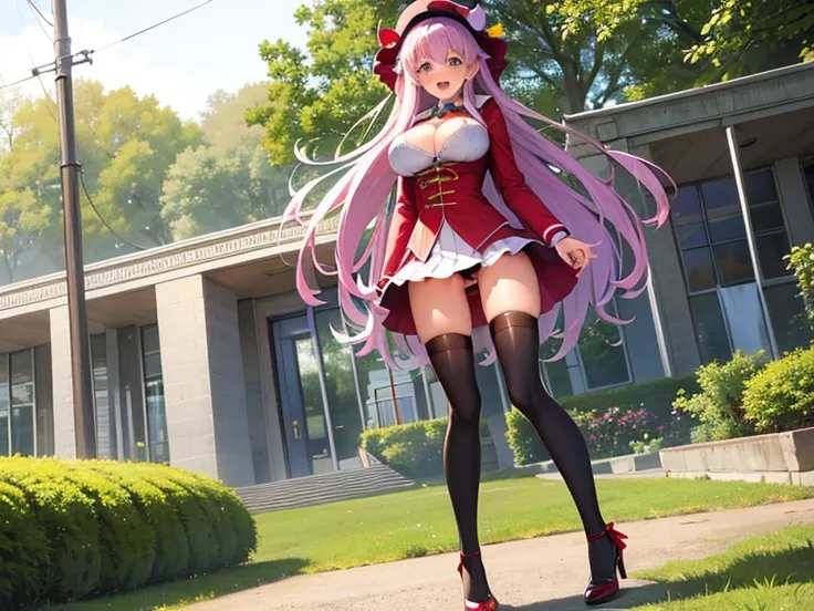 (Patchouli toho character), (standing at lakeside forest), outside, (standing with open legs wide:1.6), (arms behind back), (bending back), tiptoe, pigeon toed, BREAK, (disproportionately gigantic huge breasts:1.2), cleavage, inconceivably thin waist, very...