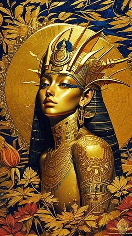 beautiful,gold leaf art, egyptian mythology, RA - God of Sun, impeccable brushwork,rich and vibrant colors,golden accents in the background,delicate and intricate patterns,captivating and mesmerizing composition,exquisite attention to detail,stunning and b...