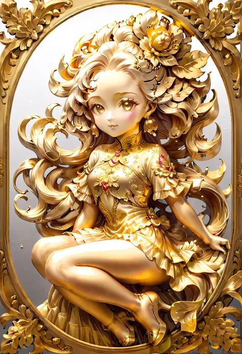 1girl, gold leaf art, goldcarvingcd_xl, jinsixiangyun, traditional, golden, gold foil art, gold leaf,gilded details,shimmering s...