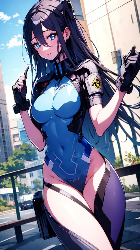 strengthened_suit, ((masterpiece,highest quality)), 1 girl, (chest,big_chest:0.6),looking at the viewer,anime,poker face,(glamorous),(beautiful detailed face,beautiful,fine eyes:0.1),concept art of a far-future city, Key Visual, Summer day, (very detailed)...