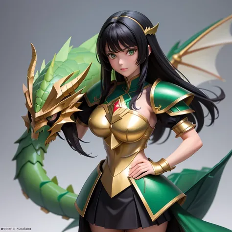 une femme, 25 ans, manga, cheveux longs, cheveux de couleur noire, black hairs, green armor, armure de couleur verte, armure du dragon de couleur verte, dragon scale skirt, dragon scale skirt, green shest armour, saint seiya, shiryu, dragon, casque, cheval...