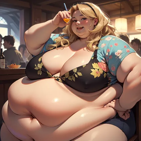 (masterpiece, best quality, absurdres, detailed, realistic:1.2), beautiful young woman, USSBBW, (morbidly obese:1.5), (fatblob:1.5), college girl, enthusiastic, open smile, detailed face, crowded party, holding alcoholic drink, gigantic belly, long wavy bl...