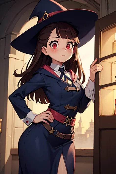 a brown haired female witch with red eyes with an hourglass figure in a conservative victorian dress is blushing in the early mo...