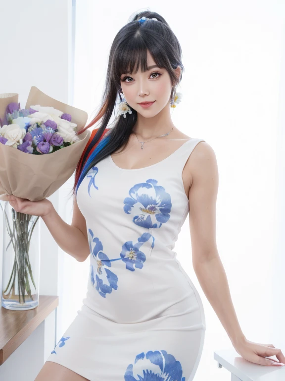 (best quality, 8k, masterpiece, ultra-detailed),vintage colors,woman 32 years-old pin-up,black straight hair,bangs,beautiful detailed face, big eyelashes,ponytail,little smile,jewerly,((((white dress printed with color flowers)))),pantyhose,photographic st...