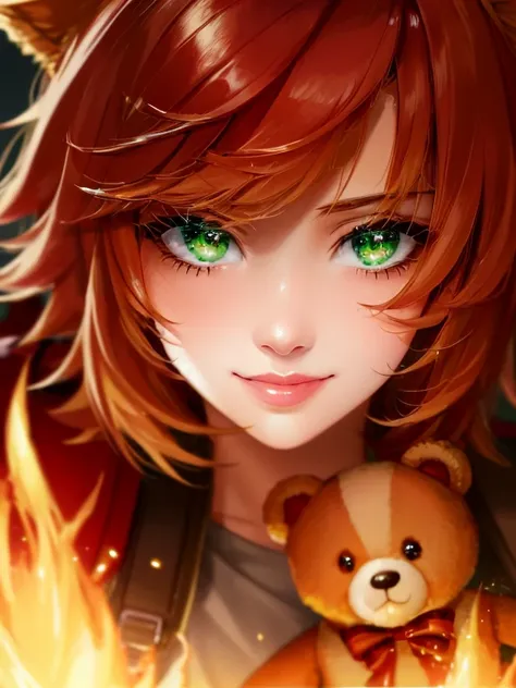 Green Eyes, annie, 1 Girl, Red Hair, smile with teeth, 8k, Detailed, masterpiece, close up, Green Pupil, brown leather backpack, short hair, fake cat ears, long bangs, close up, fire, teddy bear, tibbers, purple shirt
