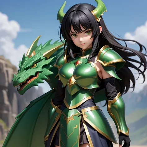 une femme, 25 ans, manga, cheveux longs, cheveux de couleur noire, black hairs, green armor, armure de couleur verte, armure du dragon de couleur verte, dragon scale skirt, shield integrated into the armor on the right arm, dragon helmet on right arm, armo...