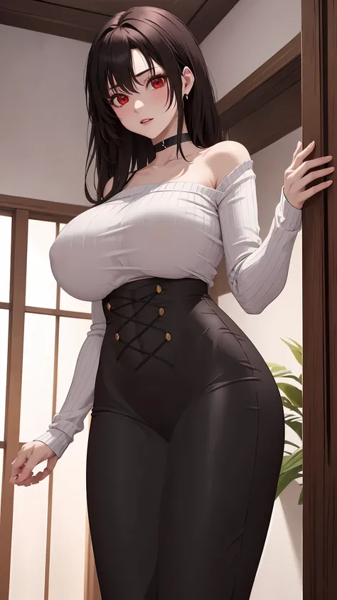 masterpiece, best quality, extremely detail 8k cg, high resolution, 1girl, kurenai yuhi, pale skin, black hair, red eyes, choker, outfit-gls, sweater, high-waist skirt, long skirt, huge breasts, indoors, standing, beautiful face, cowboy shot