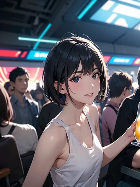 (They are drinking alcohol surrounded by a crowd in a futuristic and flashy venue:1.4),masterpiece, High resolution, High-definition CG Unity 8K,realistic,Raw photo,Beautiful and dense face, white skin,(1 girl),skinny,flat chest,(black eye),black hair,(ver...