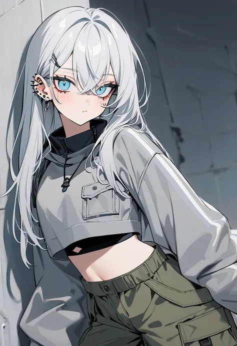 a girl with long white hair and has a lot of piercings on her ears wearing grey long sleeved crop top and cargo pants. her eyes are blue-ish grey