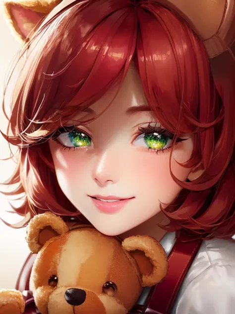 Green Eyes, annie, 1 Girl, Red Hair, smile with teeth, 8k, Detailed, masterpiece, close up, Green Pupil, brown leather backpack, short hair, fake cat ears, long bangs, close up, fire, teddy bear, tibbers, purple t-shirt
