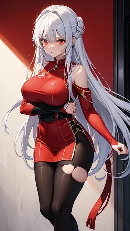 Torn red cheongsam，Broken black pantyhose，huge breasts，胸前Holes in clothes，Damaged clothes，Holes in clothes，Battle damage，Seriously injured，long white hair，Wipe the blood from the corner of your mouth with your hand，Weak，Gasping lightly，There are wounds on ...